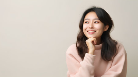 Portrait of a happy young asian woman smiling and looking upの素材
