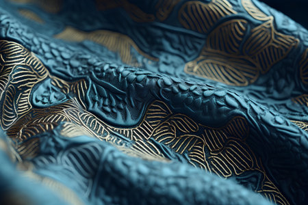 texture, background, pattern. Silk fabric is dark blue with a pattern of gold linesの素材