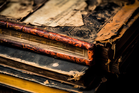 Old books on a wooden table. Close up. Toned.の素材