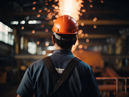 Industrial worker wearing safety helmet and safety goggles working in factory.の素材