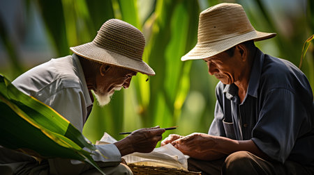 Two senior men reading a book in a cornfield in Vietnam.の素材