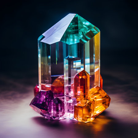 Colorful crystals on a dark background. 3d render illustration.の素材