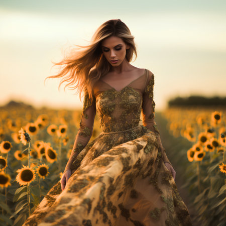 Young beautiful woman in a long dress on a field of sunflowersの素材