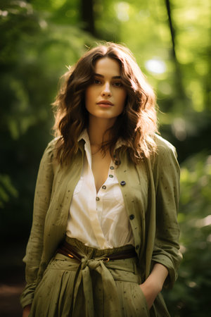 Portrait of beautiful young woman in green dress in the forest.の素材
