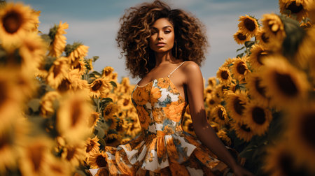 Beautiful african american woman with curly hair posing in sunflower field.の素材