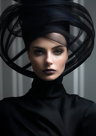 Fashion shot of a beautiful woman in a black hat. Beauty, fashion.の素材