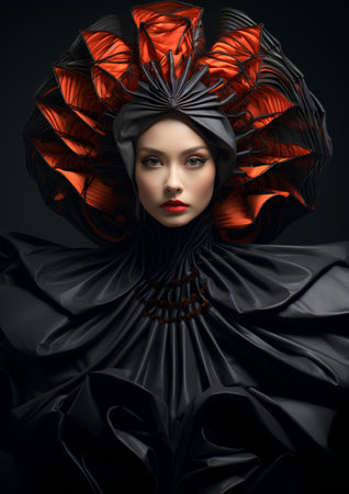 Portrait of a beautiful girl in a black gothic dress with a fan on a dark background.の素材