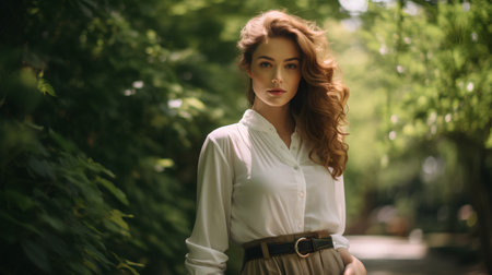 Portrait of beautiful young woman with curly hair in the park.の素材