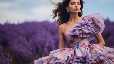 fashion outdoor photo of beautiful sensual woman with dark hair in elegant dress posing in lavender fieldの素材