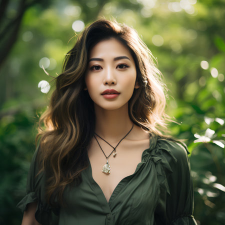 Portrait of beautiful asian woman with green dress in the parkの素材