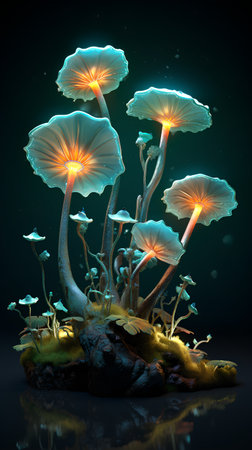 3d render of abstract fantasy landscape with mushrooms on dark background.の素材