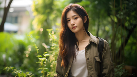 Portrait of a beautiful young asian woman in green garden.の素材