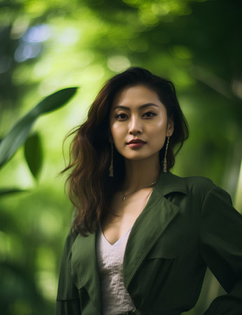 Portrait of a beautiful Asian woman in a green jacket on the natureの素材