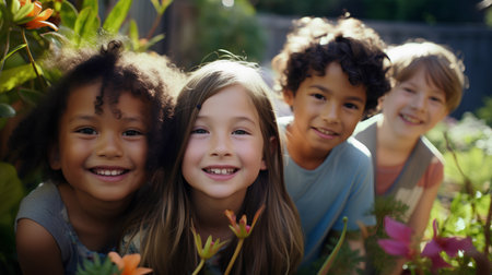 Portrait of group of kids in the garden smiling and looking at cameraの素材