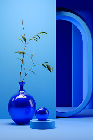 Blue vase with plant on a blue background. 3d renderの素材