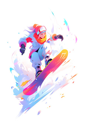Snowboarder girl in helmet and goggles jumping, vector illustration.の素材