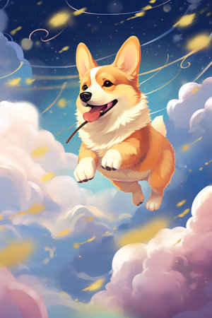 Cute welsh corgi dog flying in the sky. Vector illustrationの素材