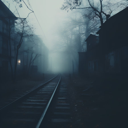 Abandoned railway in a foggy winter morning. Retro style.の素材