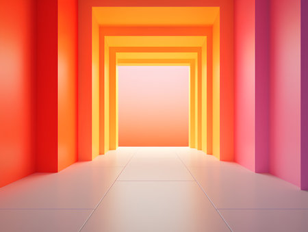 Abstract 3d render of empty room with orange and pink walls.の素材