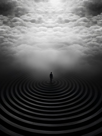 Businessman standing on the top of a spiral with clouds and skyの素材