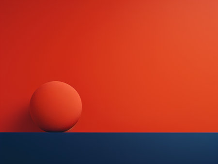 3d rendering of a red sphere on a blue and orange backgroundの素材