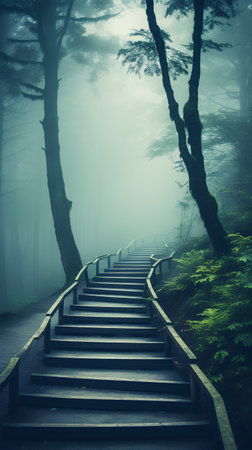 staircase in the misty forest with dark trees and fogの素材