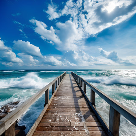 Wooden pier leading to the sea and blue sky with white cloudsの素材