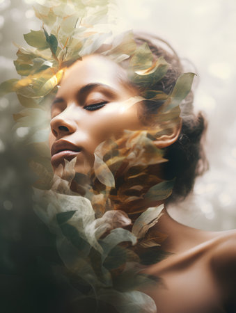 Beautiful woman with green leaves on her face. Beauty, fashion.の素材