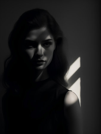 Black and white portrait of a beautiful young woman with shadow from the windowの素材