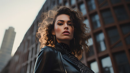 Beautiful young woman with curly hair in a black leather jacket in the cityの素材