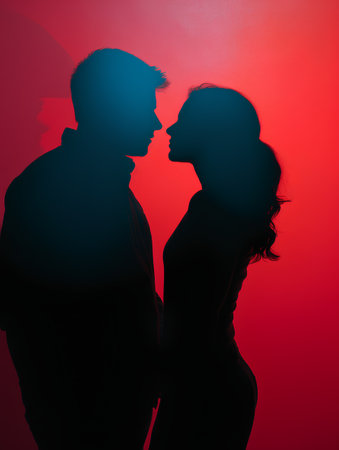 silhouette of a man and a woman on a red backgroundの素材