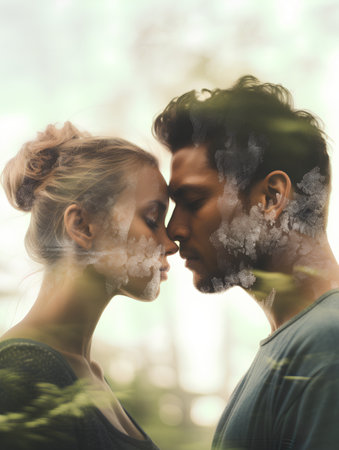Double exposure of young couple in love kissing on blurred nature background.の素材