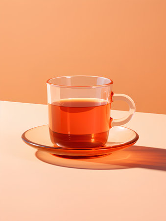 Cup of tea with shadow on orange background. 3D renderingの素材