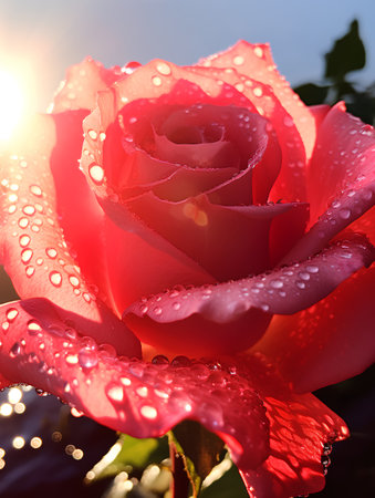 Beautiful red rose with dew drops on the petals.の素材