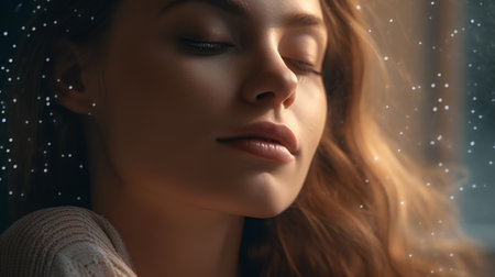 Close up portrait of a beautiful young woman with closed eyes. Beauty, fashion.の素材