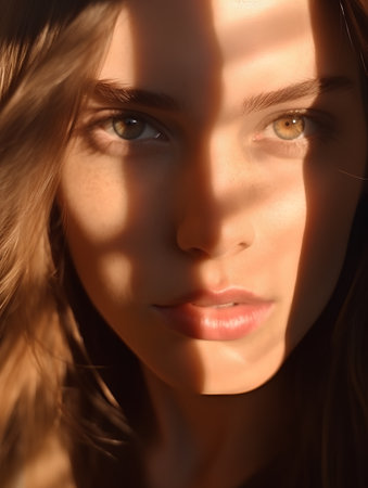 beautiful young woman with long hair in sunbeams close upの素材