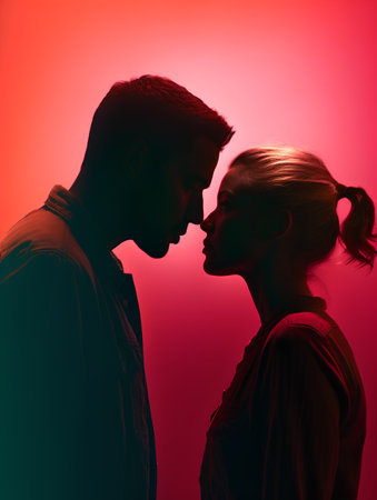 silhouette of a young couple in love on a red backgroundの素材