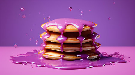 3d illustration of a stack of pancakes with a splash of purple juice on a pink backgroundの素材