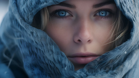 Closeup portrait of a beautiful girl with blue eyes wearing a scarfの素材