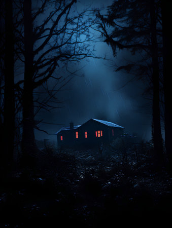 Black silhouette of a house in the forest at night. 3D renderingの素材
