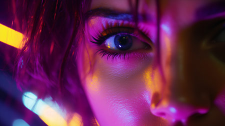 Close up portrait of beautiful young woman with neon make-up.の素材