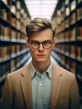 Portrait of a handsome young man in glasses in the library.の素材