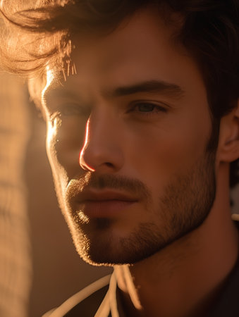 Close-up portrait of a handsome young man. Men's beauty, fashion.の素材