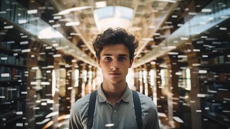 Young handsome man looking at camera in library. Education concept. Double exposureの素材