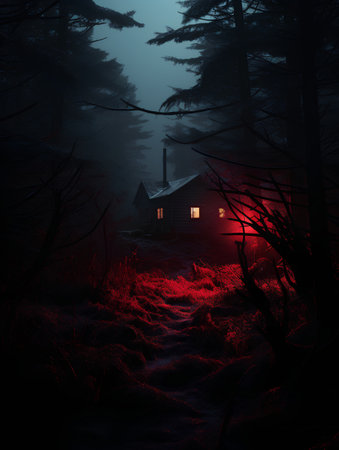 Fairytale house in the dark forest. Halloween background. 3D renderingの素材