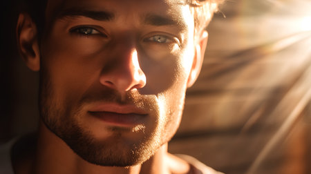 Close-up portrait of a handsome young man with a beard.の素材