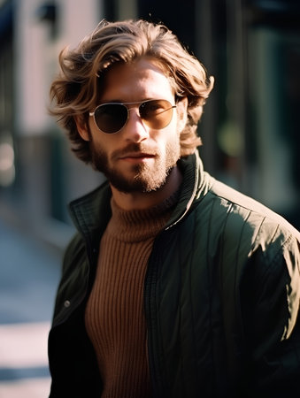 Portrait of a handsome young man in sunglasses. Men's beauty, fashion.の素材