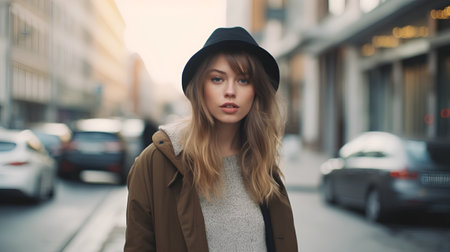 young beautiful hipster woman in beige coat and black cap on the streetの素材