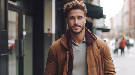 Portrait of a handsome young man walking in the city. Men's beauty, fashion.の素材