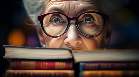 Portrait of an old woman with glasses and a stack of books.の素材